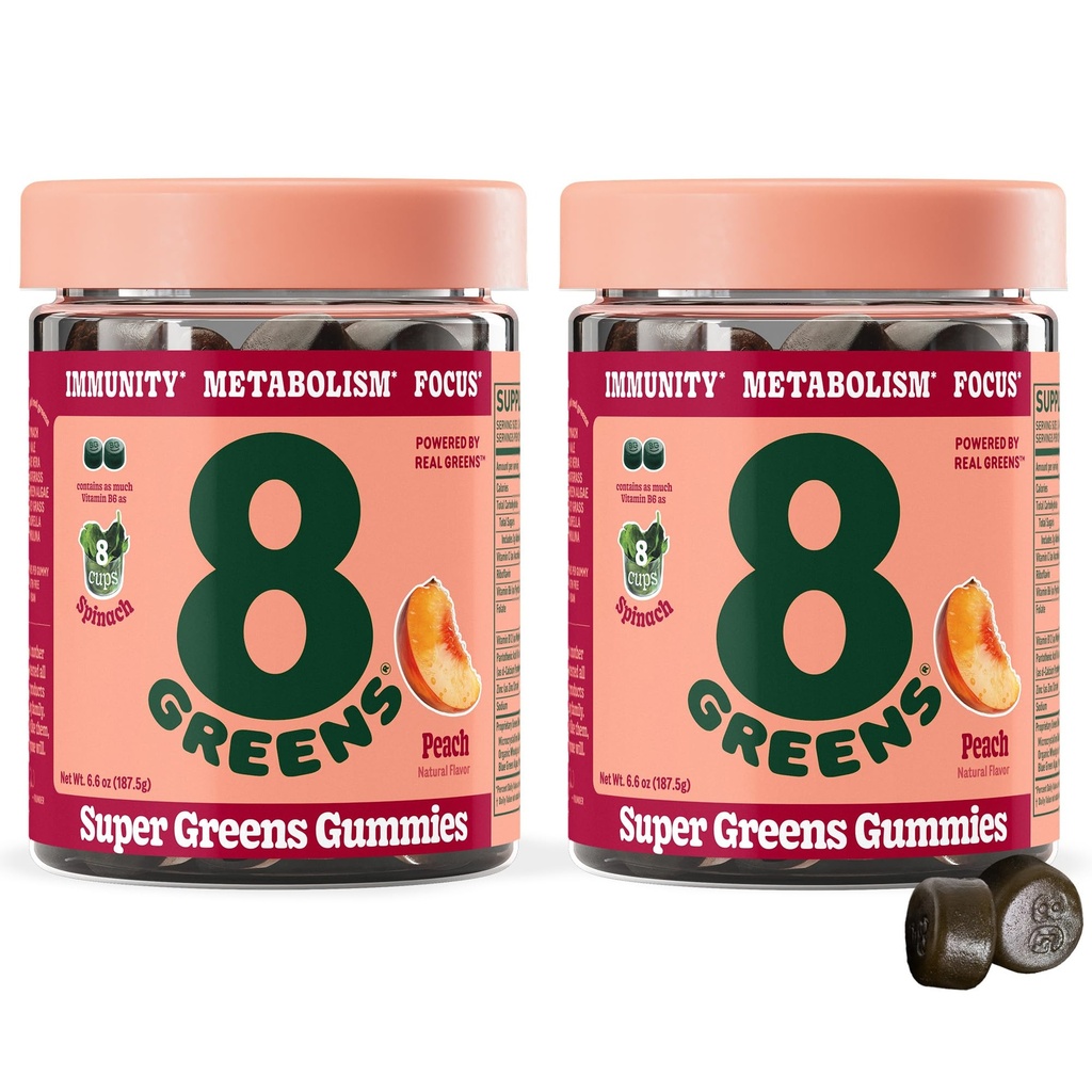 8Green Supergreens Gummies PHARMAN 124; Super Green Powder Superfood Gummy for Metabolismus, Imunity & Focus, Digestive Health Enzymes, Organic: Chlorella, Spirulina, Aloe Vera, Peach Flavor, 100 Počet