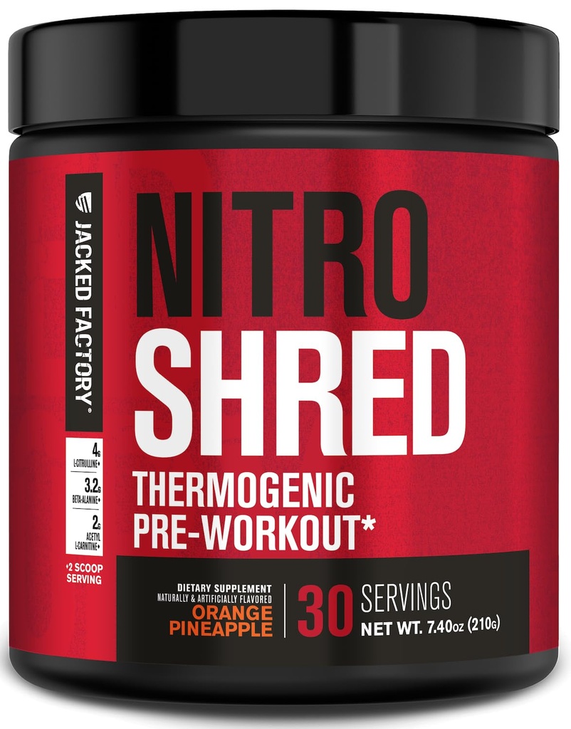 Jacked Factory NITROSURGE Shred Pre Workout Dodatek - Energy Booster, Instant Strength Gains, Sharp Focus, Výkonná čerpadla - Nitric Oxide Booster & PreWorkout Powder - 30Sv, Orange Ananas