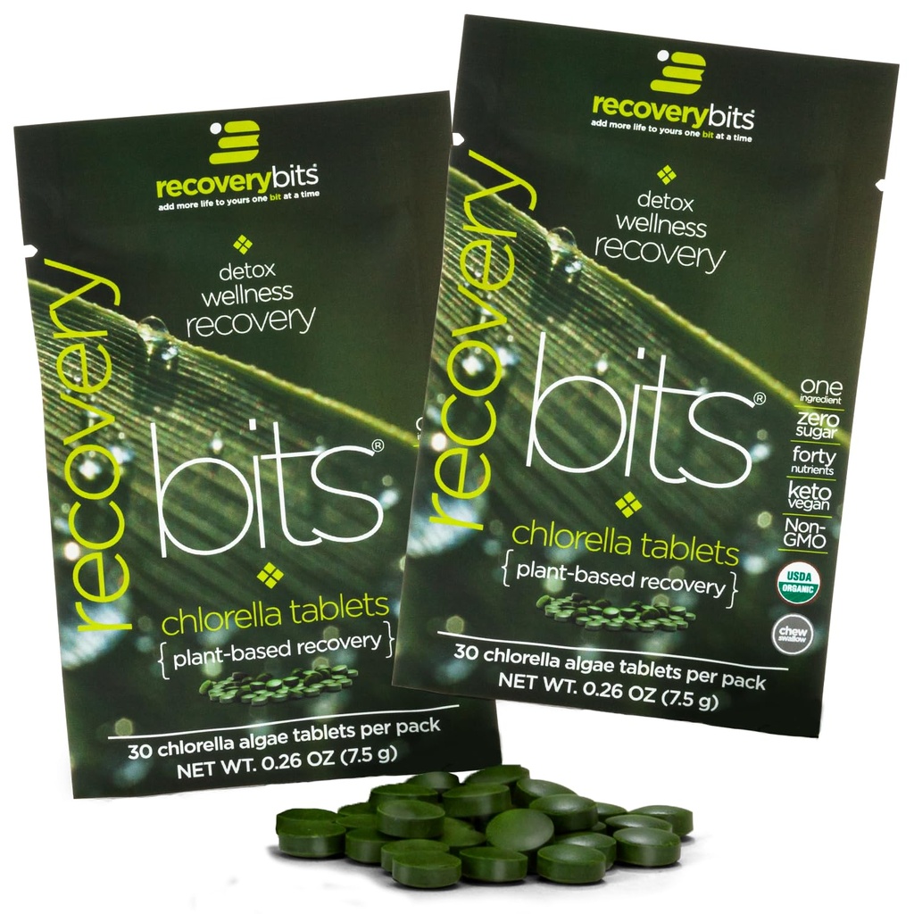 Recoverybits Organic Chlorella Řasy Tablety, Superfood, Čistá zelená Řasy, Vysoký protein a Vlákna, Chlorofyl, Prasklá buněčná zeď Non- ozářené, pro imunitní zvýšení a detox, Non- GMO, 60 Tablety