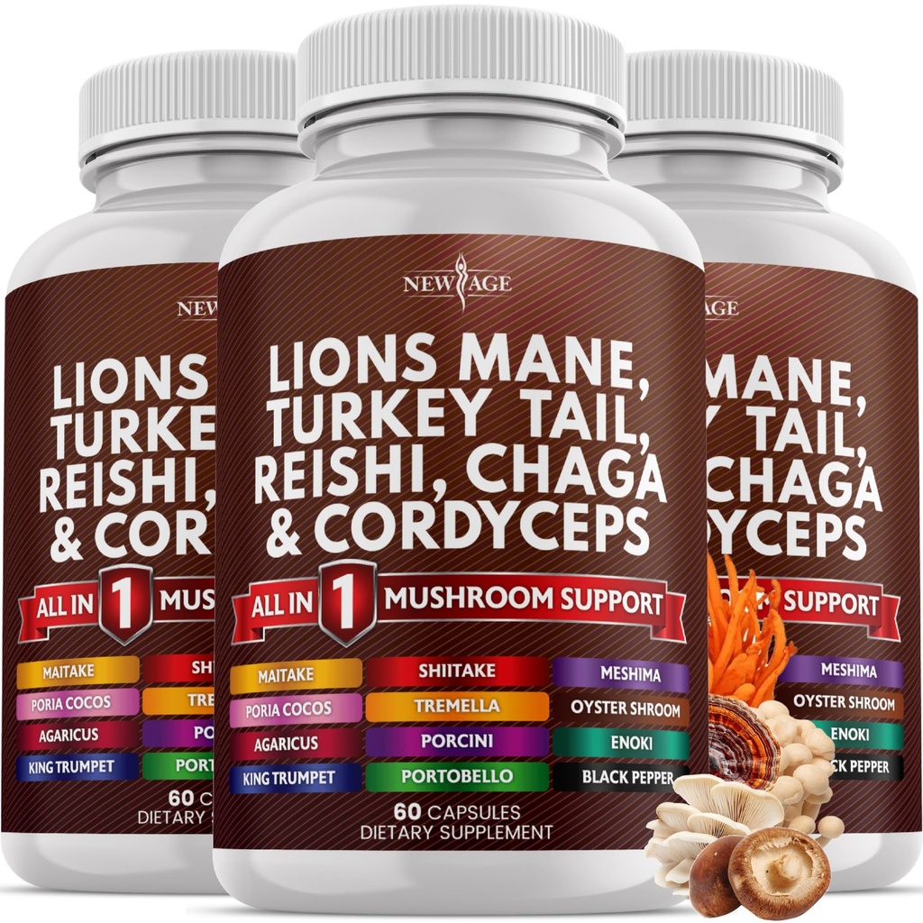 NEW AGE Lions Mane Houbový dodatek s krůtí ocas Reishi Cordyceps Chaga s Marshmallow Root 180 Počet