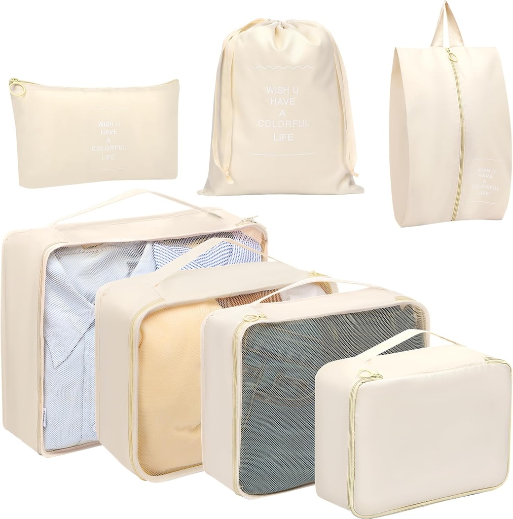 Toplive 7 Set Balení Cubes for Travel, Zavazadlový organizátor tašky pro cestovní příslušenství, Kompresní balení Cubes, Beige