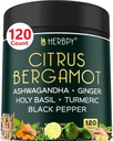 6in1 Citrus Bergamot dodatek s Ashwagandha, svatý bazalka, kurkuma a zázvor Root - Zdravé stárnutí, imunita a relaxace - 120 Vegan Kapsle