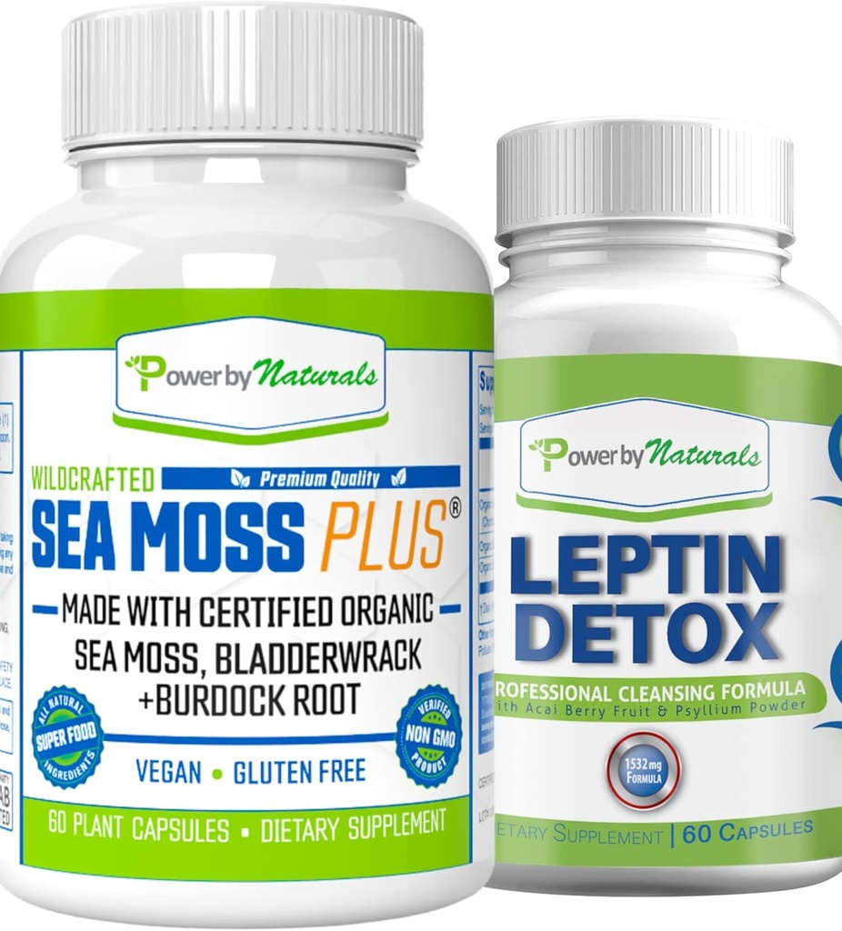 Power By Naturals: Organic Sea Moss a Leptin Detox Bundle - 60 Vegan Kapsle Každý - Plant- based, gluten- Free dodatek pro imunitní vylepšení a přírodní čištění