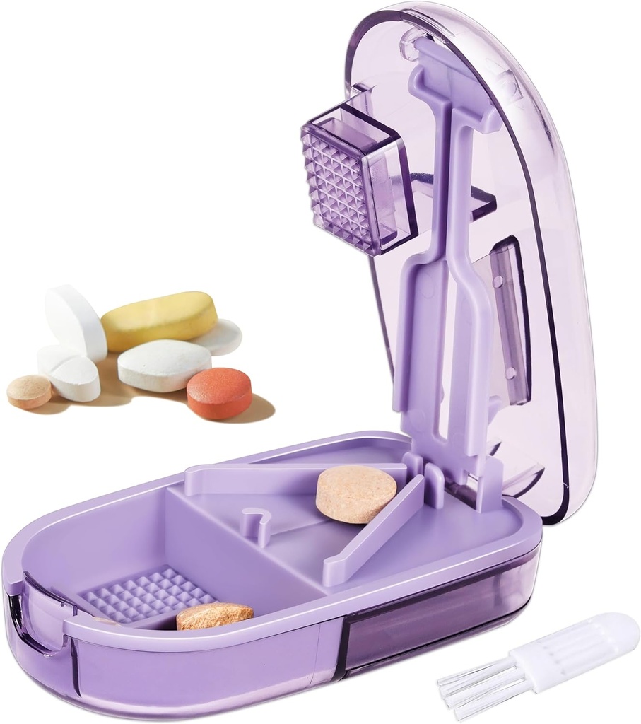 Pill Cutter Splitter pro malé a malé pilulky, nebo velké pilulky. V- Shaped Design pro více velikostí. Bezpečnostní čepele. Loss-Proof Built-in Small Brush & Sliding Door Pill Storage (Purple)