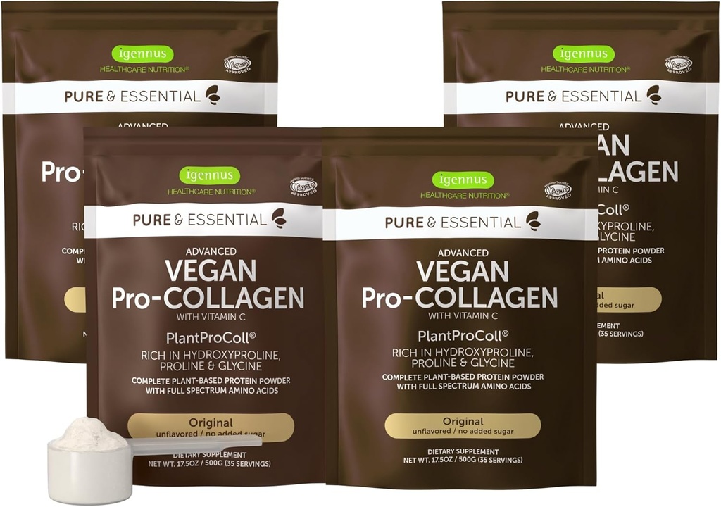 Igennus Vegan Collagen Peptide Powder, Vylepšený s Glycine, Proline & Hydroxyproline & Cofactor Vitamin C, Non GMO, Kompletní Vegetarian Plant Based Collagen Powder Booster, 4 x 35 Podání