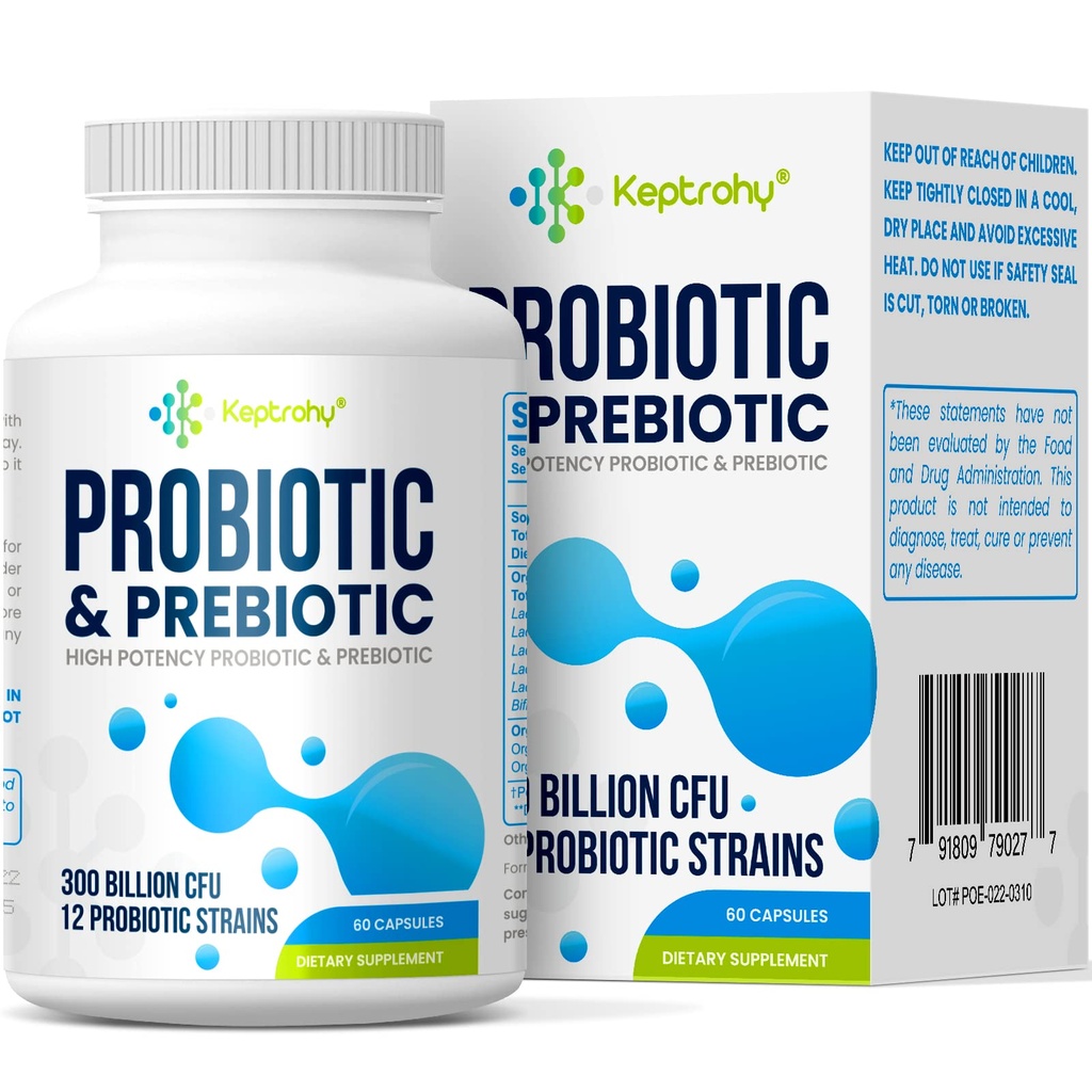 Probiotika pro ženy a muže, 300 miliard CFU Probiotika z 12 Strains + Organic Prebiotics Blend pro Daily Digestive, Imunity, Gut, Bloating, Gut Zdraví pro ženy a muže, Stabilní - 60 Kapsle