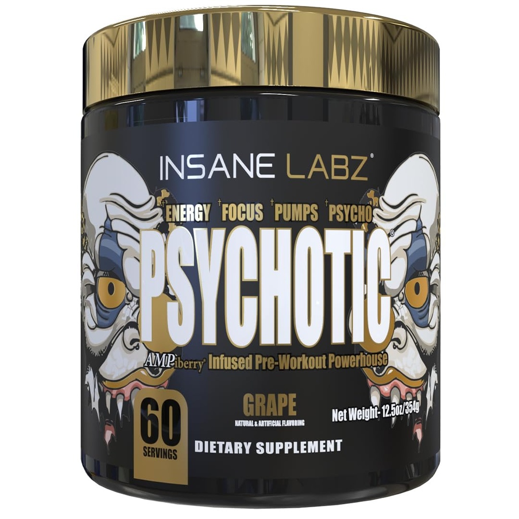 Šílený Labz Psychotické zlato, High Stimulant Pre Workout Powder, Extreme Lasting Energy, Pumps and Endurance with Beta Alanine, DMAE Bitartate, NO Booster (60 Služeb, Grape)