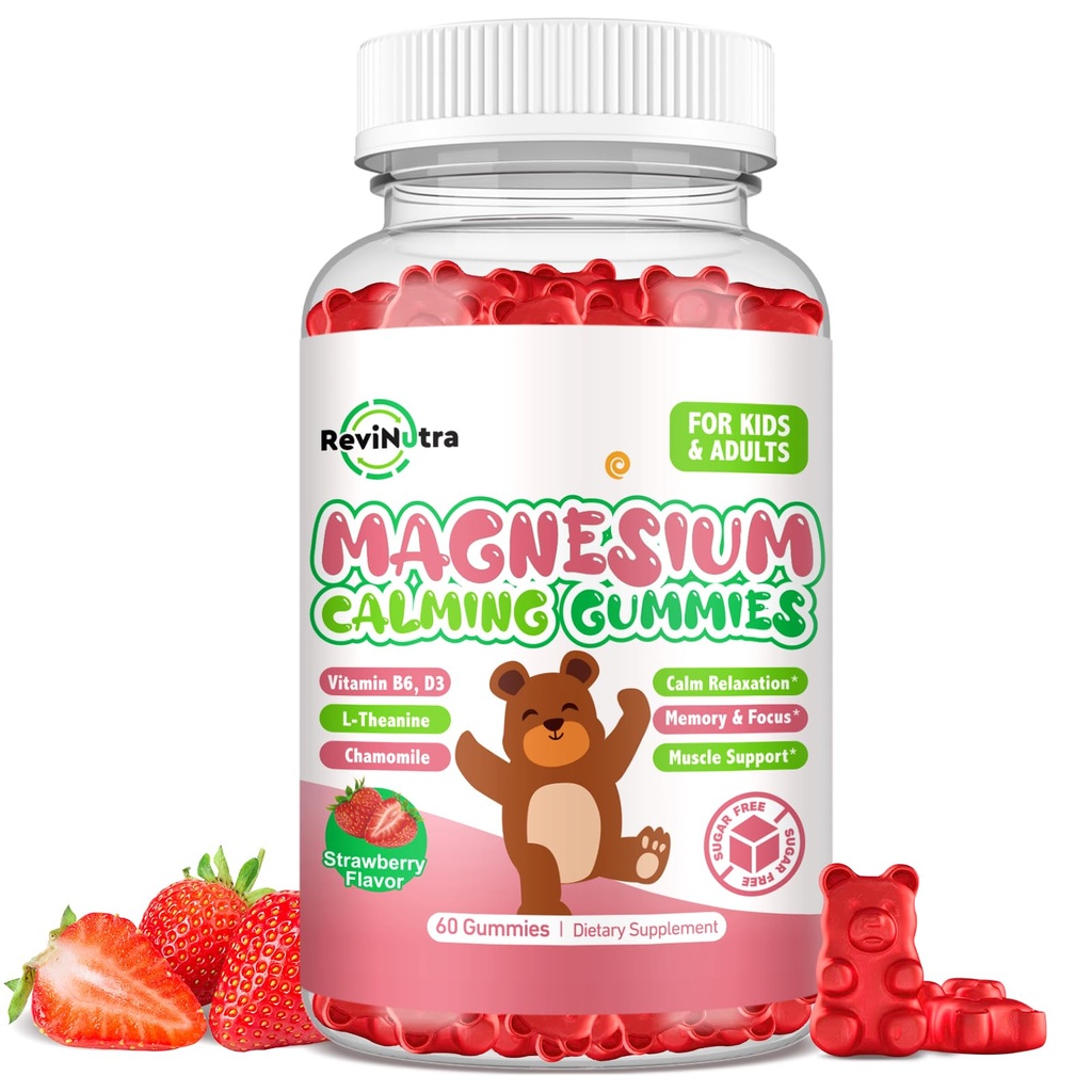 Hořčík Gumy pro děti - Magnesium Glycinátové Gumy dodatek s L- Theanin, Vitamin B6, D3 pro děti a dospělé spánek, klid, relaxace, mozek, kosti, cukr zdarma Jahoda 60ct