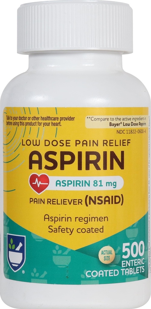 Aspirin Enteric Tablets - 81 mg Aspirin - 500 Počet - Nízká dávka pro zmírnění bolesti hlavy - Bezpečnost - Aspirin Regimen - Migréna Medicine - Bolest