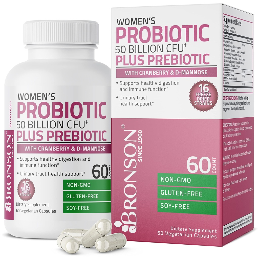 Bronson Ženský Probiotický 50 miliard CFU + Prebiotic s brusinkou & D- Mannose - Vaginální zdraví, Zdravá strava, imunitní funkce a močení Trakt Podpora, Non- GMO, 60 Vegetariánské Kapsle