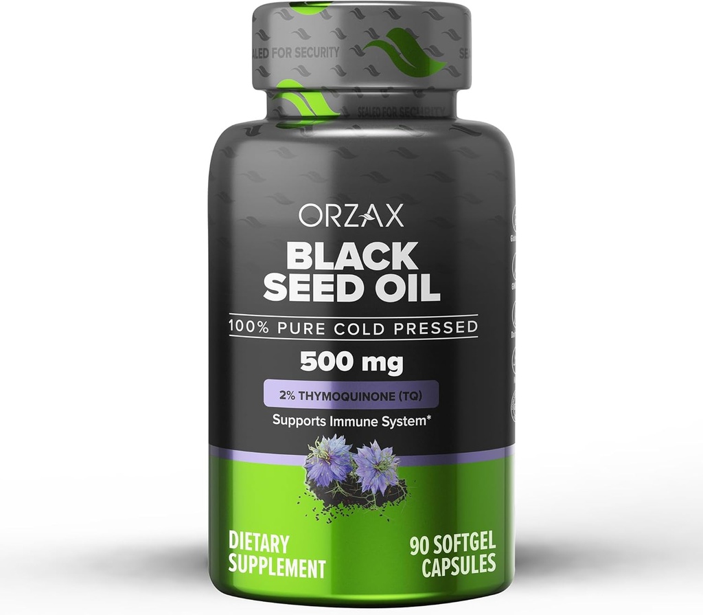 ORZAX Black Seed Oil Cold Pressed 100% čisté 124; Non- GMO - bohatý na Omega 3 6 9 & Thymoquinone Oil 124; Black Cumin Nigella Sativa Oil pro imunitní podporu, vlasy, kůže, obličej (500 mg - 90 Softgel Kapsle)