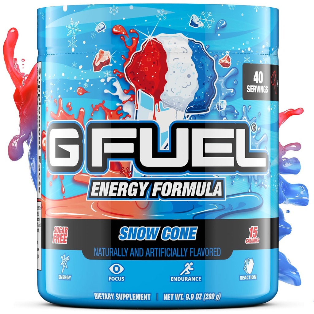 G Fuel Snow Cone Energy Drink Powder, Pre Workout Caffeine Mix for Gaming, Cukr Free Focus Amino, Vitamin + Antioxidanty, 9.9oz (Snow Cone, 40 Servings)