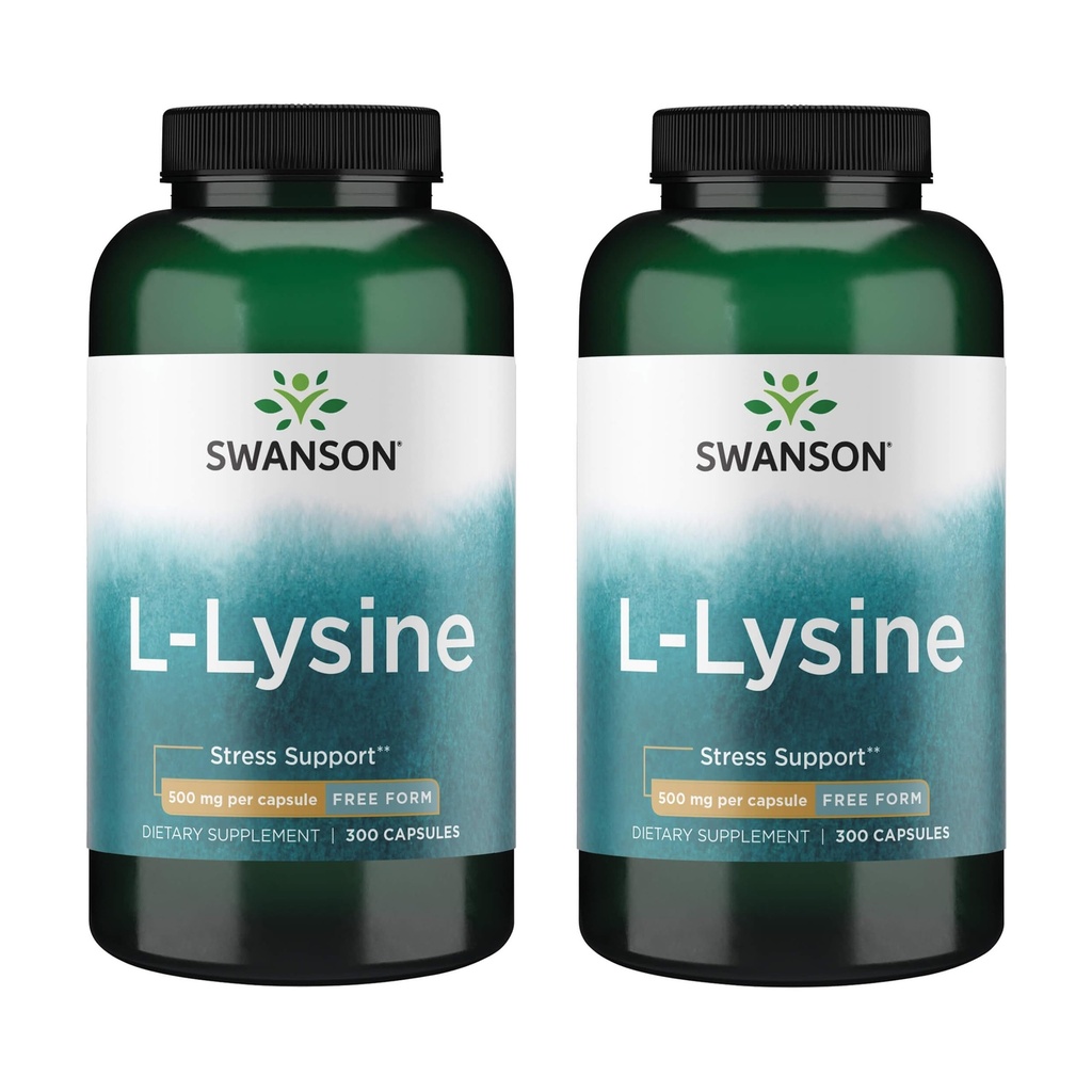 Swanson Free Form L-Lysine - Přírodní doplněk podporu stresu & nervové systémové zdraví - Může podporovat klidnou náladu & relaxaci - (300 Kapsle, 500mg každý) 2 Pack