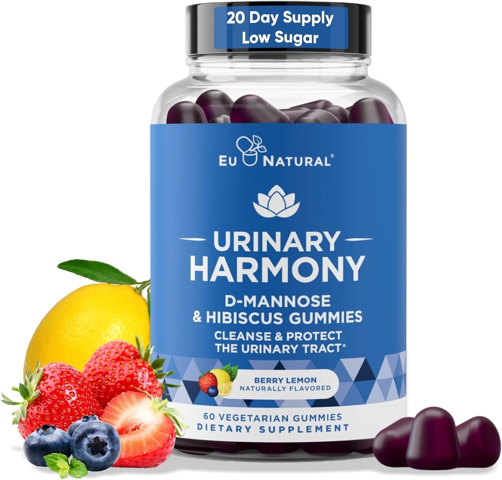 Moč Harmony D Mannose Gummies pro močové trakt Zdraví - D- Mannose & Hibiscus Cleanse, Flush & Protect Moč systém - Potenciální vzorec, Drogy zdarma - 60 Berry Lemon Flavor Gummies, 20 Day Supply