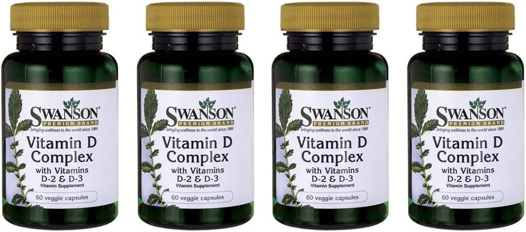 Swanson vitamin D komplex s vitamíny D2 & D3 - Kompletní opalovací vitaminový komplex pro kosti, zubní a imunitní zdraví - doplněk vitaminu (50 mcg, 60 Veggie Kapsle) 4 Pack