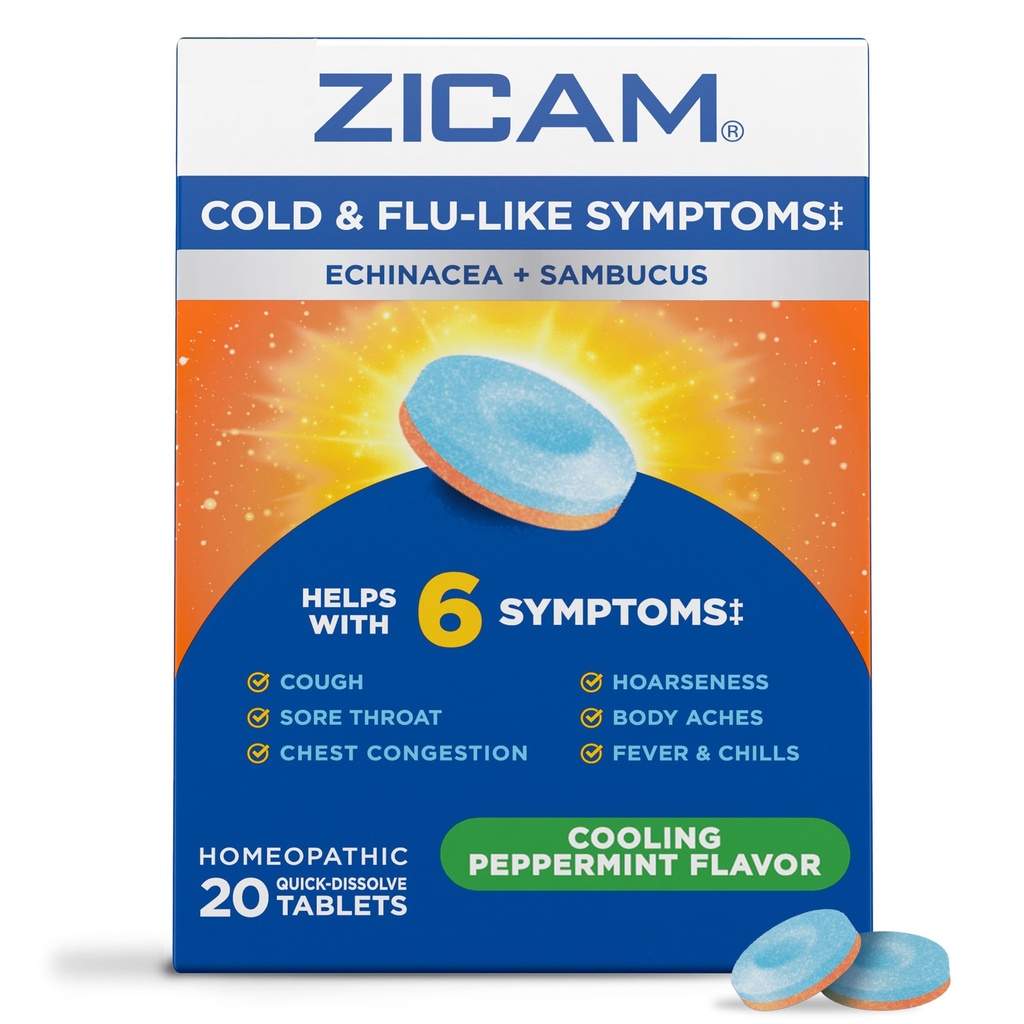 Zicam Cold & Flu- Like Symptomy s Echinacea a Sambucus, Homeopatický, Zinek, Chlazení mátové aroma, Pomáhá se studenými příznaky, 20 tablet