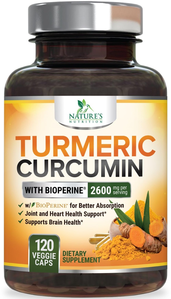 Kurkumin dodatek 2600mg - 95% kurkuminoidy s organickou kurkumou & BioPerine Black Pepper Extract pro nejlepší absorpci, přírodní veganská společná podpora, Non- GMO, Lahvička v USA - 120 Kapsle