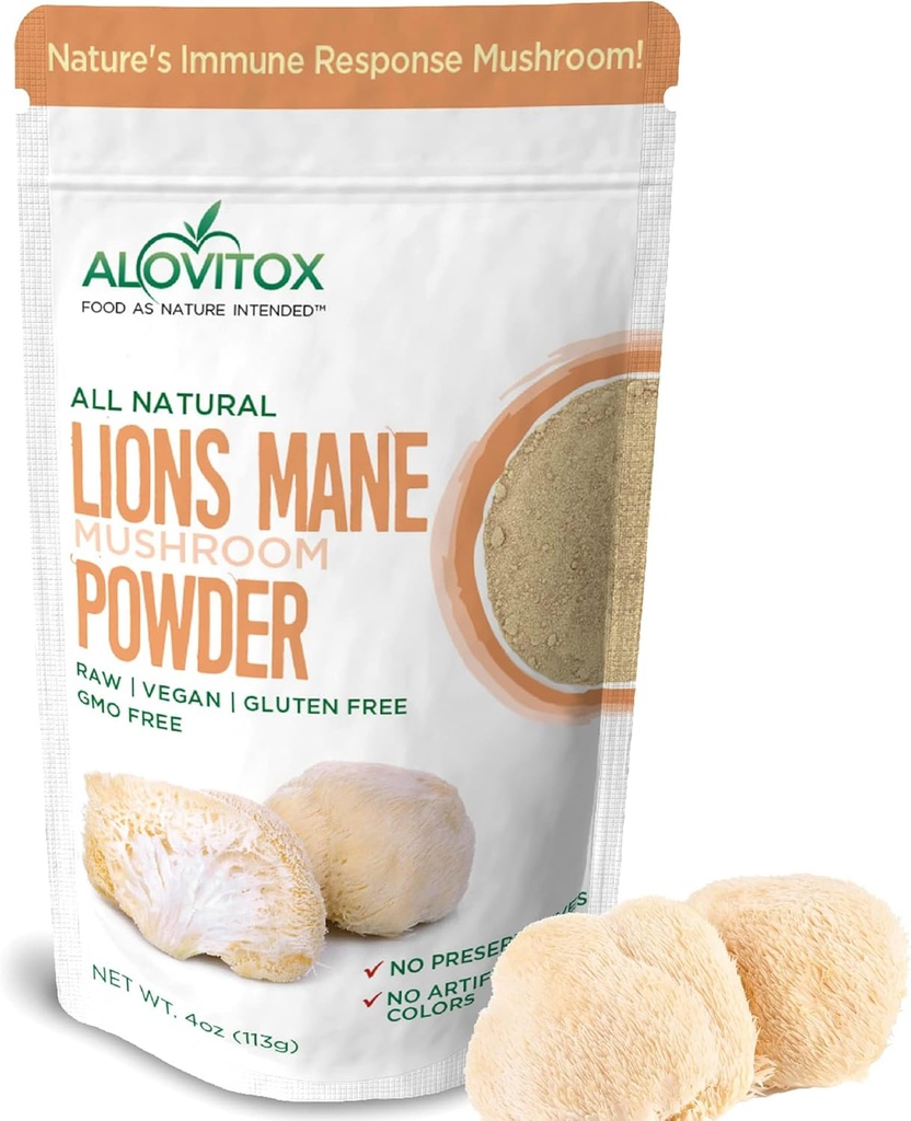 Alovitox Organic Lion 's Mane Houba Powder 124; Natural Superfood for Brain, Energy & Imunitary Health, Provides Neural Support, GI Protection, Cardiovaskulární benefity CUR 124; Non- GMO, Vegan, gluten- Free CUR 124; 4 oz