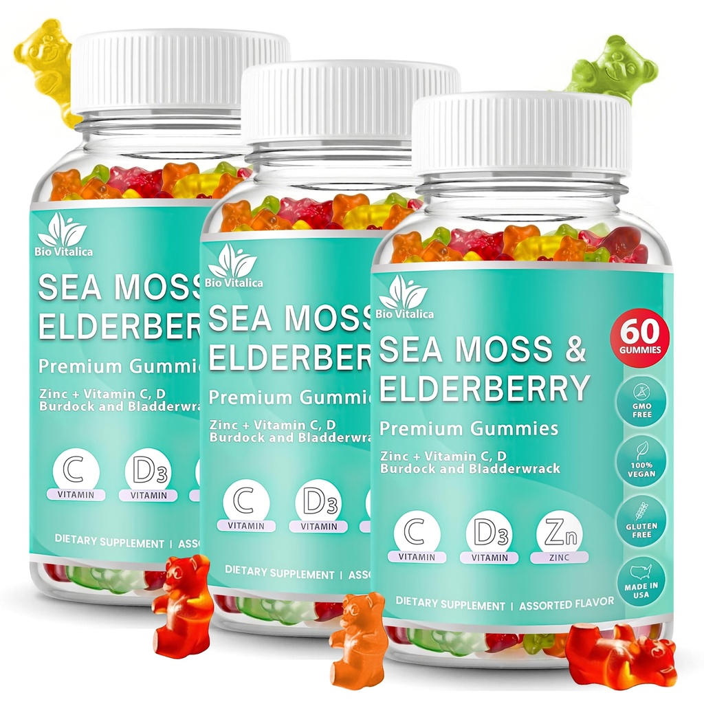 BIO VITALICA Moss Gummies Elderberry Biologica - Vitamin C D + Zinek - Irský Seamoss Vegan Gummy s Moss Moss Gel & Powder for Immunity, Detox - pro dospělé a děti (3Packs)