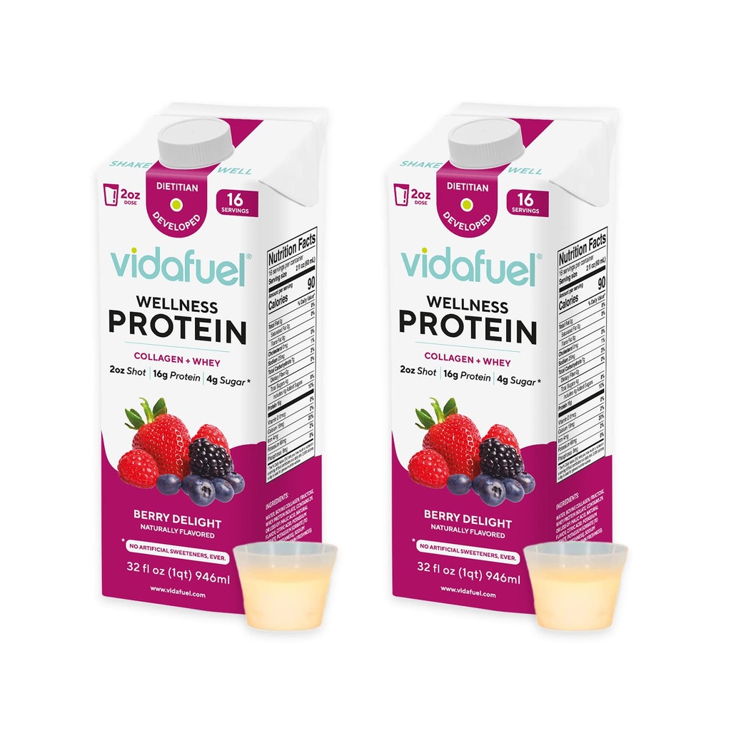 Vidafuel Wellness Protein Drink, 16g Protein per 2oz Shot, 32 fl oz Carton, 2 Pack, Berry, kolagen a syrovátka Drink, Žádné umělé sladkosti