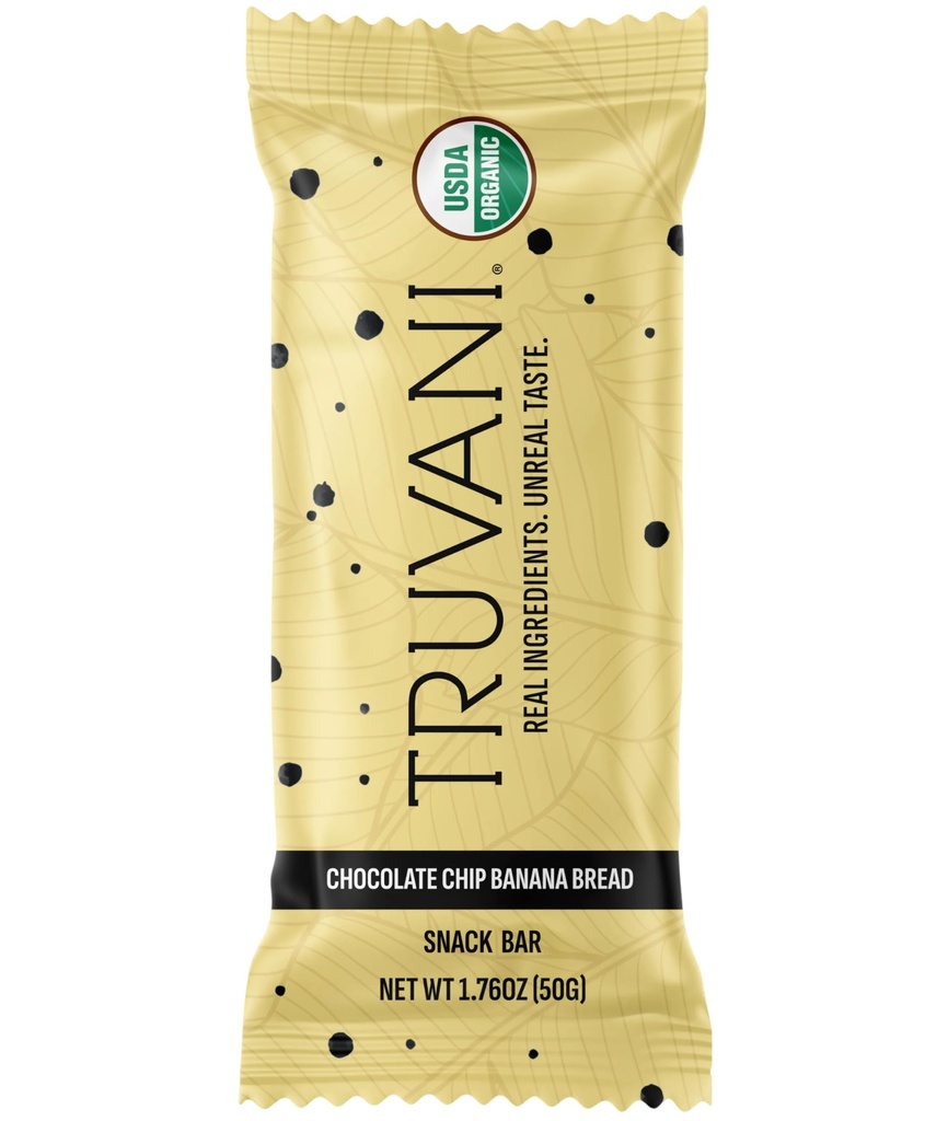 Truvani Plant Based Snack Bary 124; Chocolate Chip Banana Bread 1 balení 124; 5g protein 124; USDA Organic and Vegan Creditor 124; The Only Bar 124; Dairy, Soy, a gluten zdarma 124; jednotlivě zabalené