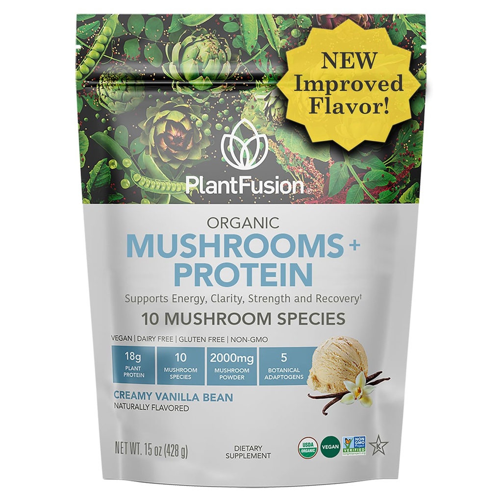 Plantfuzní bílkovinný prášek - 3 in 1 Vegan Protein Powder, Houbový dodatek a Adaptogen dodatek - Podpora duševního soustředění, imunity a obnovy - Vanilla 1lb