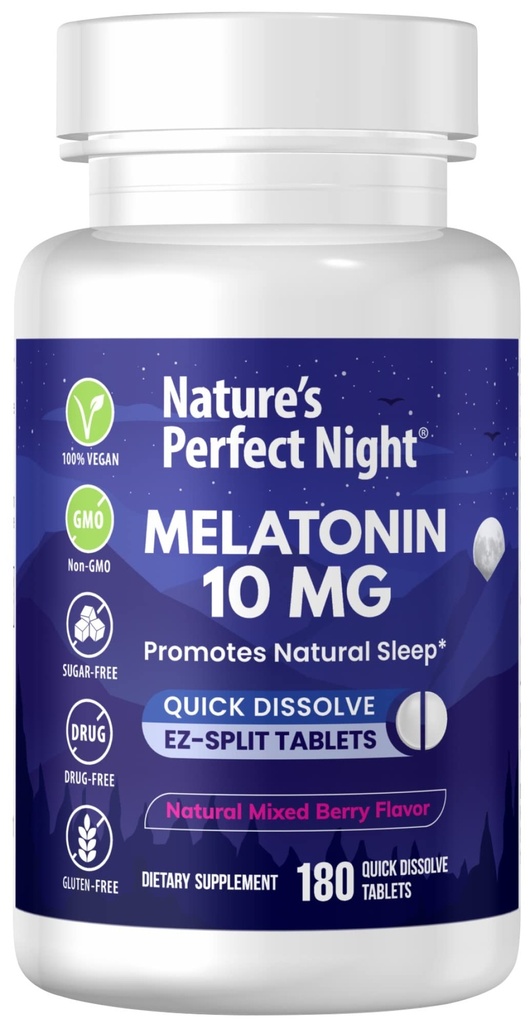 Nature 's Perfect Night CLAS124; Melatonin 10mg CLAS124; 180 Quick Disolute Tablety CLAS124; Natural MixBerry Flavor CLAS124; High Potency CLAS124; Cukr zdarma CLAS124; Vegan CLAS124; Gluten Free CLAS124; Velikost hodnoty
