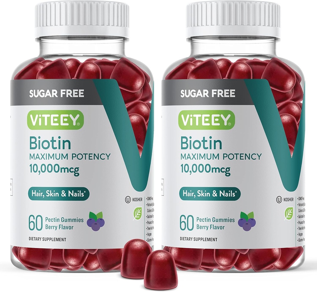 Viteey Biotin Gummies pro vlasy, kůži, a hřebíky 10,000mcg - Bezcukerné - Vlasové růstové gumy, Zdravá kůže Glow, Silný zdravý nehtový růst - Vegan, Gluten zdarma, Želatina Free- Chutné Berry Flavor