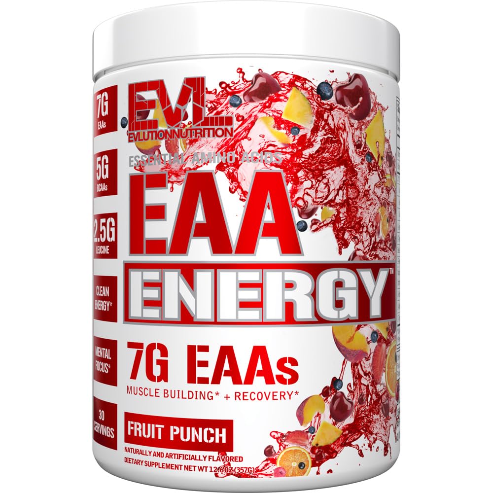 Eluce Nutrition EAA Energy - Pre & Post Workout Powder - Muscle Building & Recovery Dodatek - 7g Essential Amino Acids + 5g BCAA - Clean Energy - with Caffeine - 30 Servings - Fruit Punch