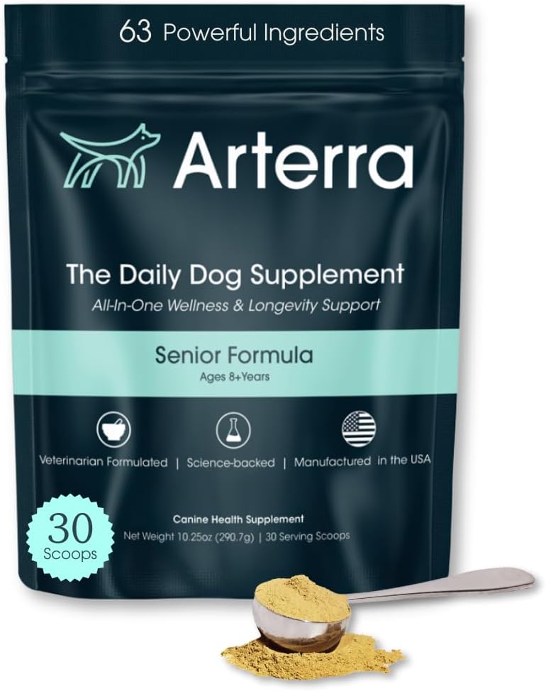 Senior Dog Powder Supplement & Food Topper - 63 Ingredients for Joint, Gut, Imunity & Brain Health - Daily Longevity Multivitamine with Glucosamine, Probiotics, and Fish Oil Agree124; 30 Scoops