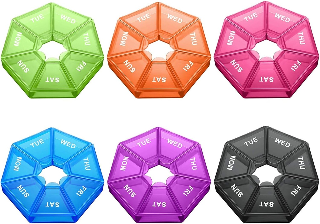 Patelai 6 Pcs Malé týdenní Pill Pořadatel 7 Den Sedín Pill Vitamin Pouzdro Přenosný Planner 7 Kopírování Travel Round Storage Box Daily Reminder Container for Medicine Supplement Fish Oil (Vivid Barvy)