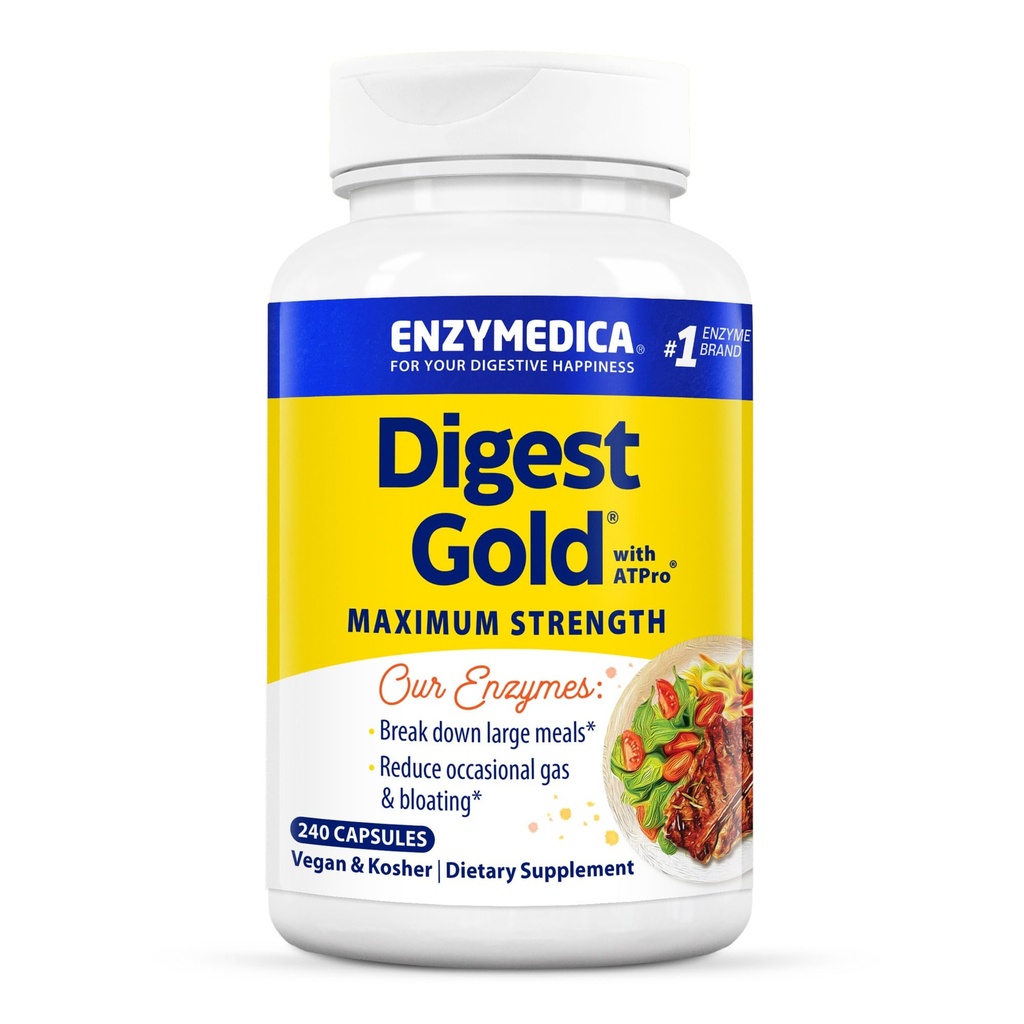 Enzymedica Digest Gold + ATPro, Maximální síla trávicí enzymy, Pomáhá Digest Velké jídlo, pro plyn a nafouknutí, 240 Kapsle