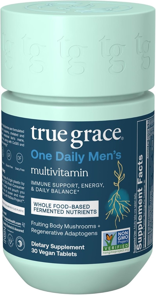 True Grace Jeden denní mužský Multivitamin fermentované minerály, organické adaptogeny a houby Celé tělo bilance imunitní, Vytrvalost, Kostní a srdeční podpora - Non- GMO, gluten zdarma - 30 Vegan Tablety