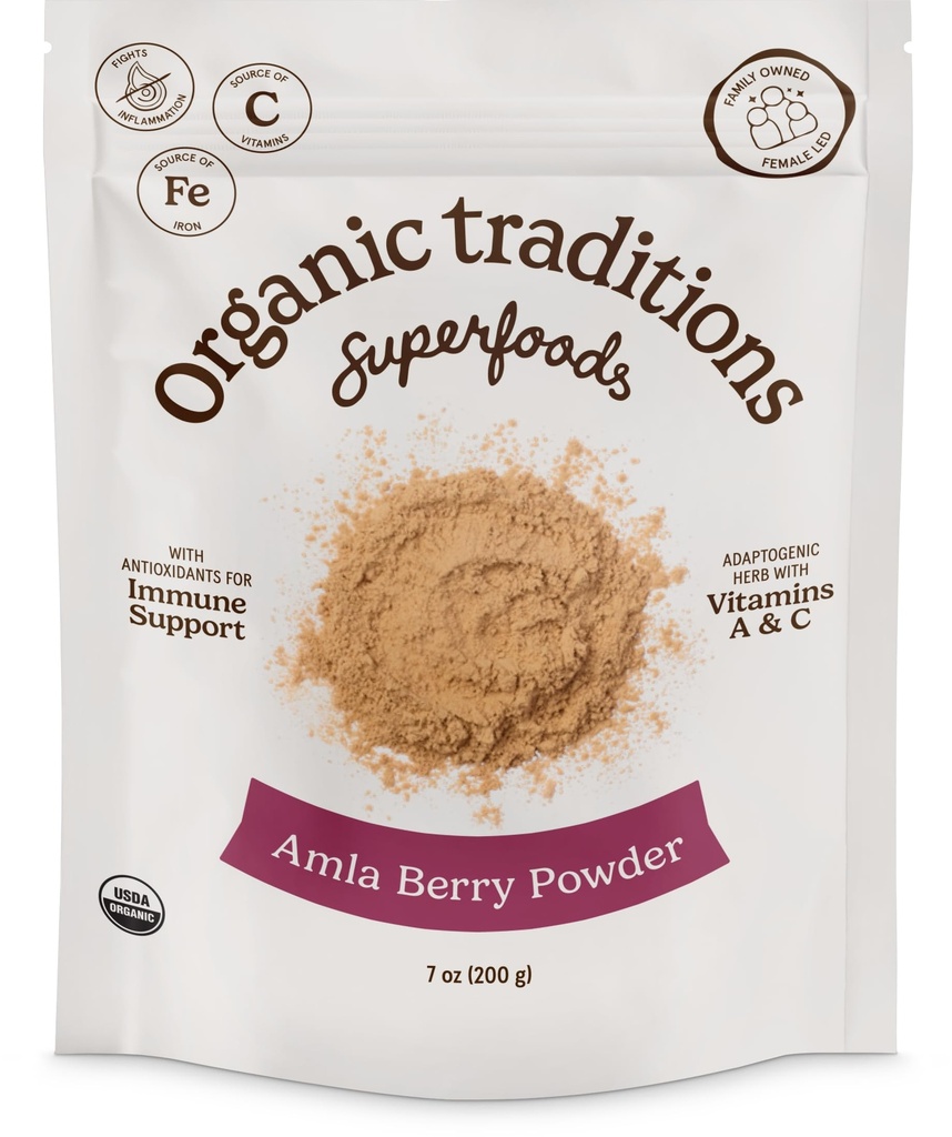 Organické tradice Organic Amla Berry Powder, Prach Amla Indian Gooseberry, Non- GMO Organic Powerded Fruit Superfood, 7oz (200g) Bag