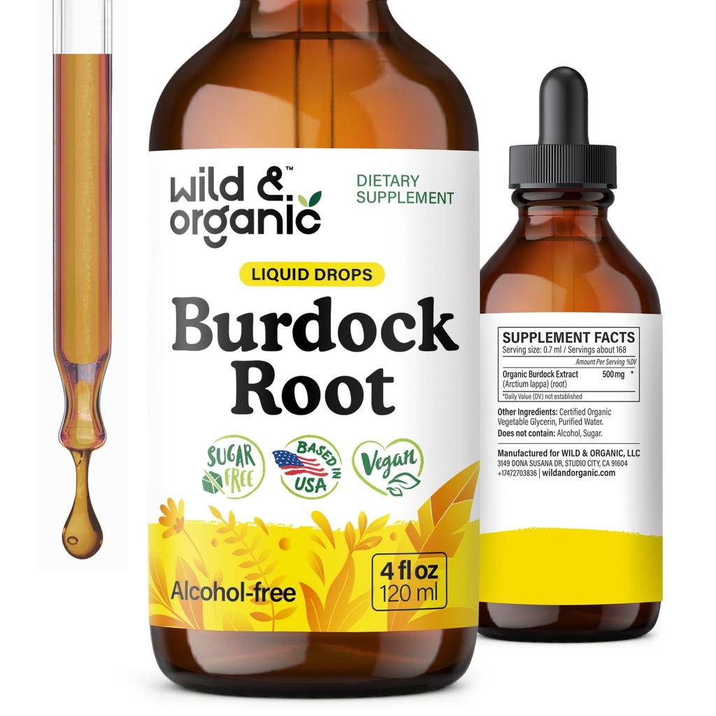 Wild & Organic Burdock Root Tincture - Tekutý dodatek pro antioxidant, detox, stravovací podpora - Burdock Root Herb Drops - Vegan, Cukr & Alcohol- Free - 4 fl oz