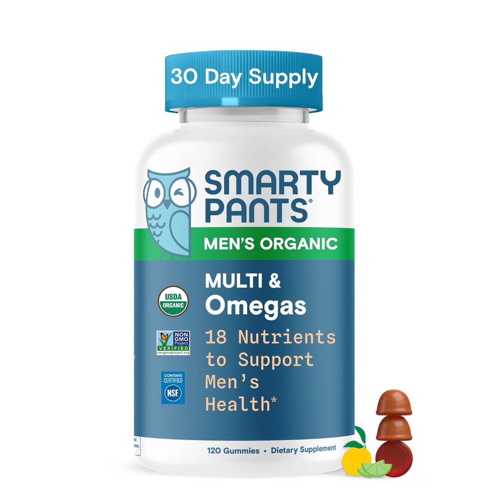 SmartyPants Multivitamin pro muže, Organic Gummies: Methylfolát, Omega 3 (ALA), Vitamin D3, C, Vitamin B12, B6, A, K & Zinek pro imunitní podporu, Biotin, Vegetarian, 120 Gummies (30 Day Supply)
