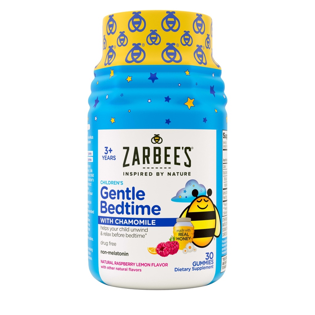 Zarbee 's Gentle Bedtime Gummies for Kids - Melatonin- Free Blend of Natural Honey, Malina Lemon, a heřmánek pomáhá dětem odpočinout a relaxovat se připravit na spánek, 30ct