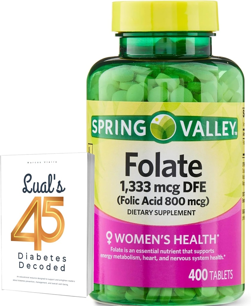 Folate 1,333 mcg. Spring Valley Folate Dietní dodatek, 1,333 mcg DFE, 400 Počet, Folate dodatek pro ženy Těhotenství, Folic Acid 800 Bundle s Luall 45 Diabetes Decoded