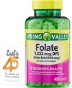 Folate 1,333 mcg. Spring Valley Folate Dietní dodatek, 1,333 mcg DFE, 400 Počet, Folate dodatek pro ženy Těhotenství, Folic Acid 800 Bundle s Luall 45 Diabetes Decoded