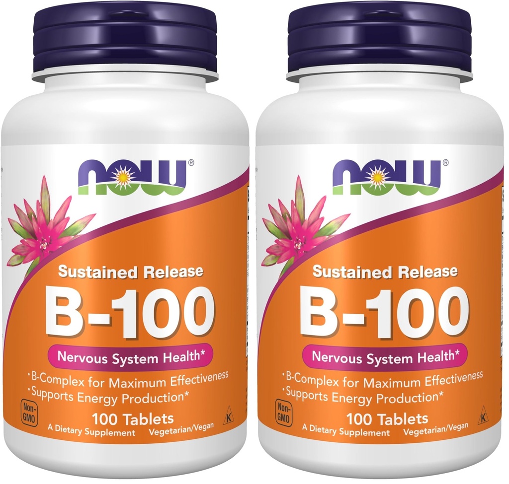 Nyní doplňky, Vitamin B-100, Trvalé uvolňování, Výroba energie *, Nervový systém Zdraví *, 100 Tablet (Balení po 2)