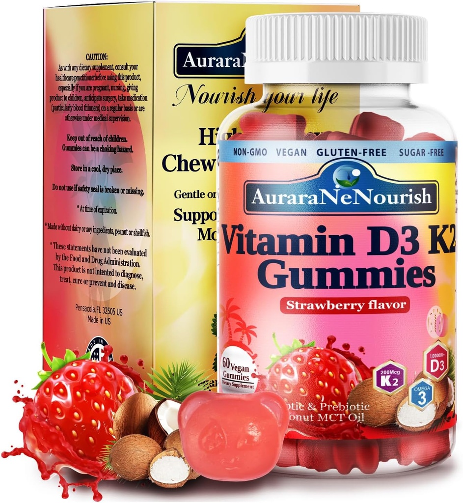 D3 K2 Vitamin 10000 IU, Bezcukrový vitamin D3 K2 Gummies w. Pro & Pre, Žvýkací vitamín D3 a K2 (MK-7) Doplňky pro kosti, zuby, imunitní, srdce & Digest zdraví, Kalcium Absorpce Plant- based