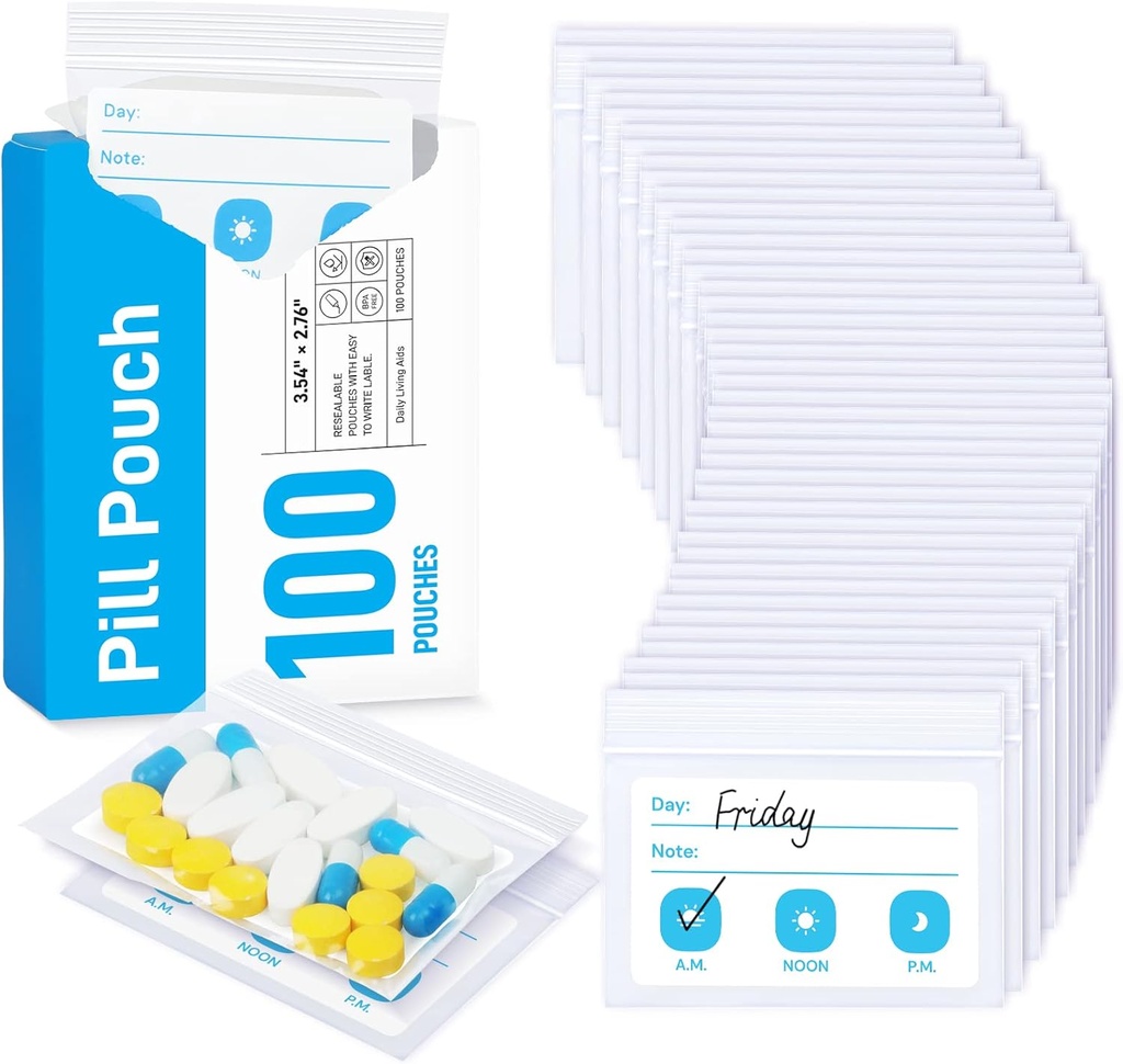 ZIKEE Pill sáčky na cestu, opakovaně použitelné Pill Pouches BPA zdarma 2.75 "x 3.54", denní medicína sáčky s XL kapacita pro 24 rybí oleje, vitamin organizátor s přizpůsobitelné Write- on Area (100 Počet)
