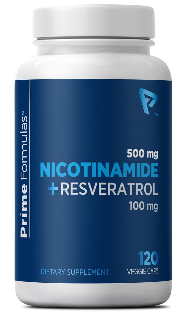 Nikotinamid 500 mg s Resveratrolem 100 mg 120 Veggie Kapsle - Non- GMO vitamín B3, podporuje Metabolické zdraví, NAD +, Kožní buňky a Mitochondriální výroba energie. Vyrobeno v USA pro muže a ženy
