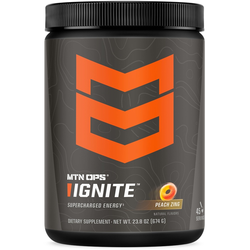 MTN OPS Ignite Energy Drink Powder, Gluten Free Nootropic Supplement Drink Mix, L Arginin, L Citruline, Kofein & Nootropic Sugar Free Drink Mix, 45 Servings, Peach Zing