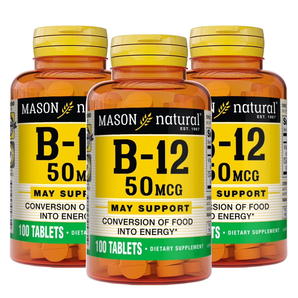 Mason přírodní vitamin B12 50 mcg s vápníkem, 300, denní dodávky, dietní dodatek k podpoře přírodních energetických úrovní, 100 tablet (balení po 3)