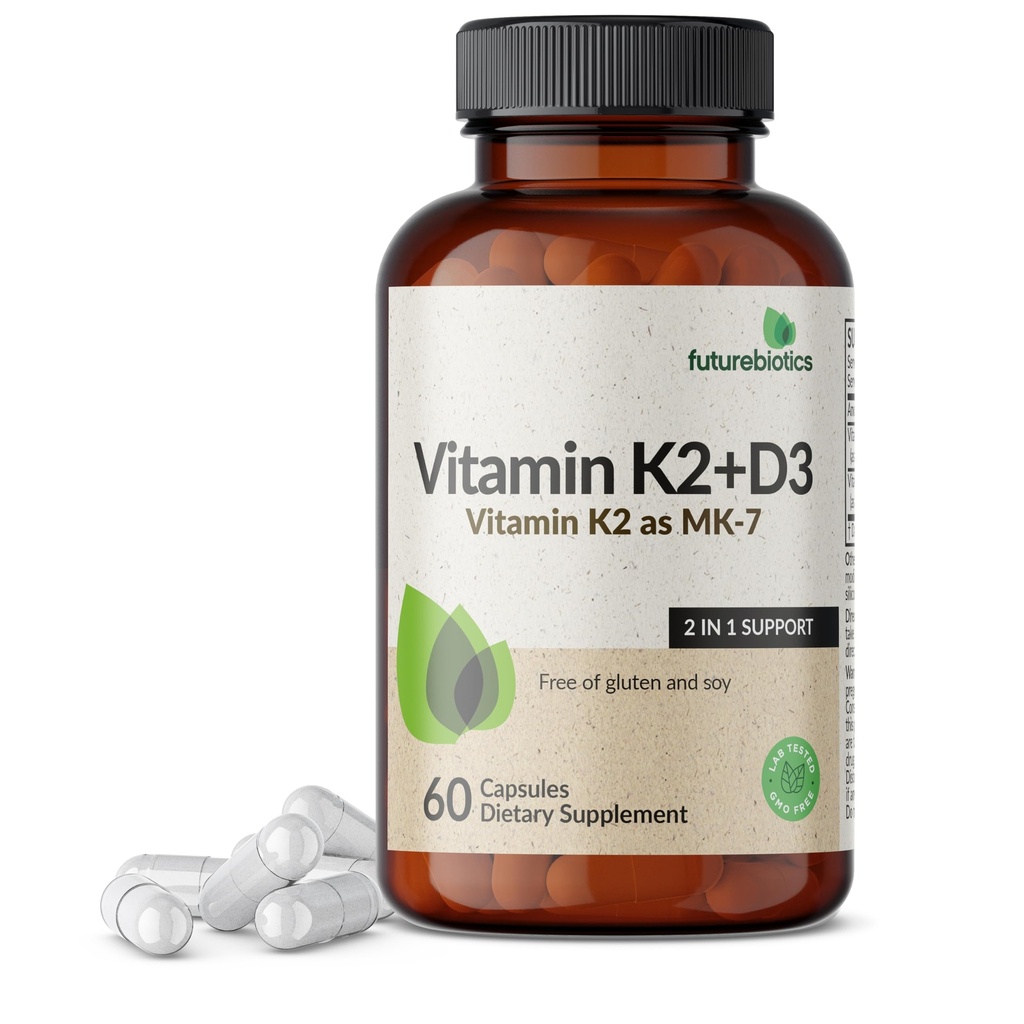 Futurebiotika Vitamin K2 (MK7) s doplňkem D3 - Non- GMO Formule - 5000 IU Vitamin D3 & 90 mcg Vitamin K2 MK-7, 60 Vegetariánské kapsle