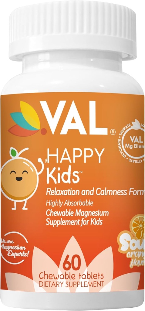 VAL Kids Magnesium PHAR124; Calm + Focus Formule PHAR124; 100mg Mg (Glycinát, Citrát, Taurát) + B6, D3, C GARG124; Sugar- Free, Non- GMO PHAR124; Fun Chewable Tablets PHAR124; Orange Flavor PHAR124; 60 Ct