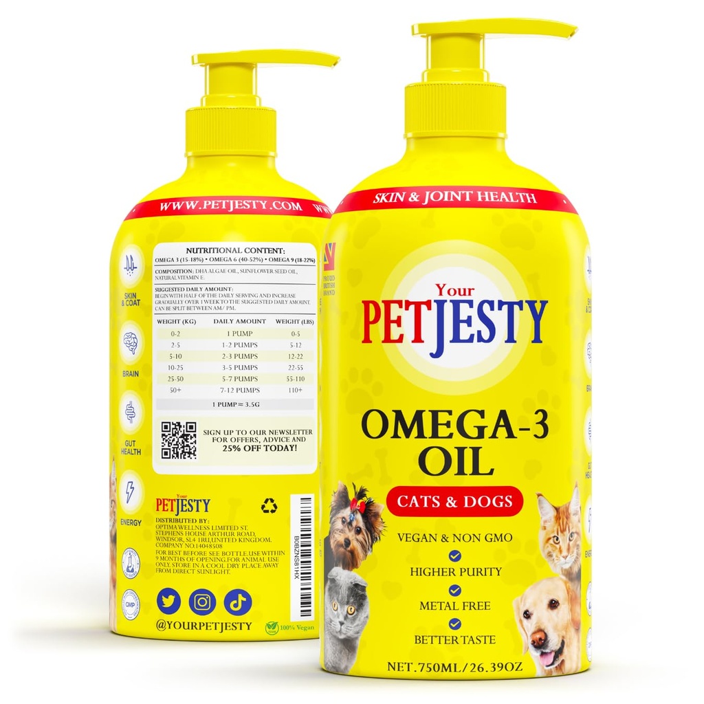 PetJesty Pure Omega 3 Oil pro psy a kočky 26.39oz - Omega 3 Kůže & Coat Support - Liquid Food Supplement pro domácí zvířata - Vegan pet + DHA pro společné funkce, imunitní & srdce zdraví, Non Fish Oil Dog a Cat