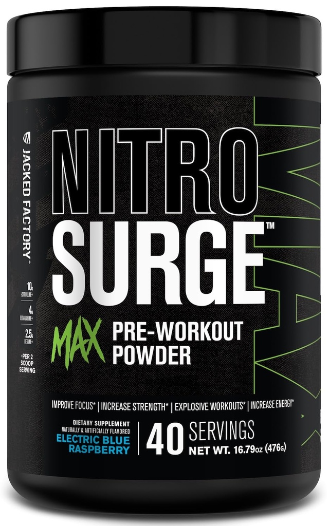 Jacked Factory Nitroflusion Max High Performance Pre Workout Powder - Předcvičení w / Nootropní ingredience pro intenzivní soustředění, čerpadla, hladká energie, Endurance - 40 Služeb, Electric Blue Raspberry