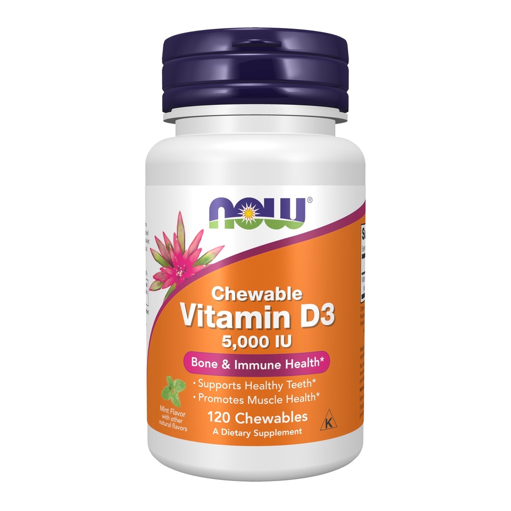 Nyní Potraviny Doplňky, Vitamin D-3 5000 IU, Přírodní máta Flavor, Strukturální podpora *, 120 Žvýkačky